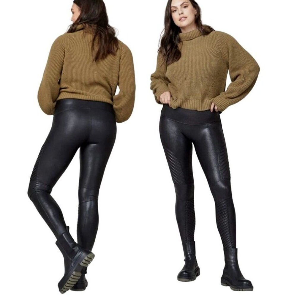 SPANX Women's Black Faux Leather High Waist Contoured Moto Leggings Size M/M - Picture 2 of 10